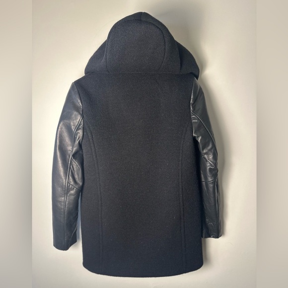 SOÏA & KYO Women’s Size Medium Black Wool Hooded Coat with Lamb Leather Sleeves - Picture 3 of 14